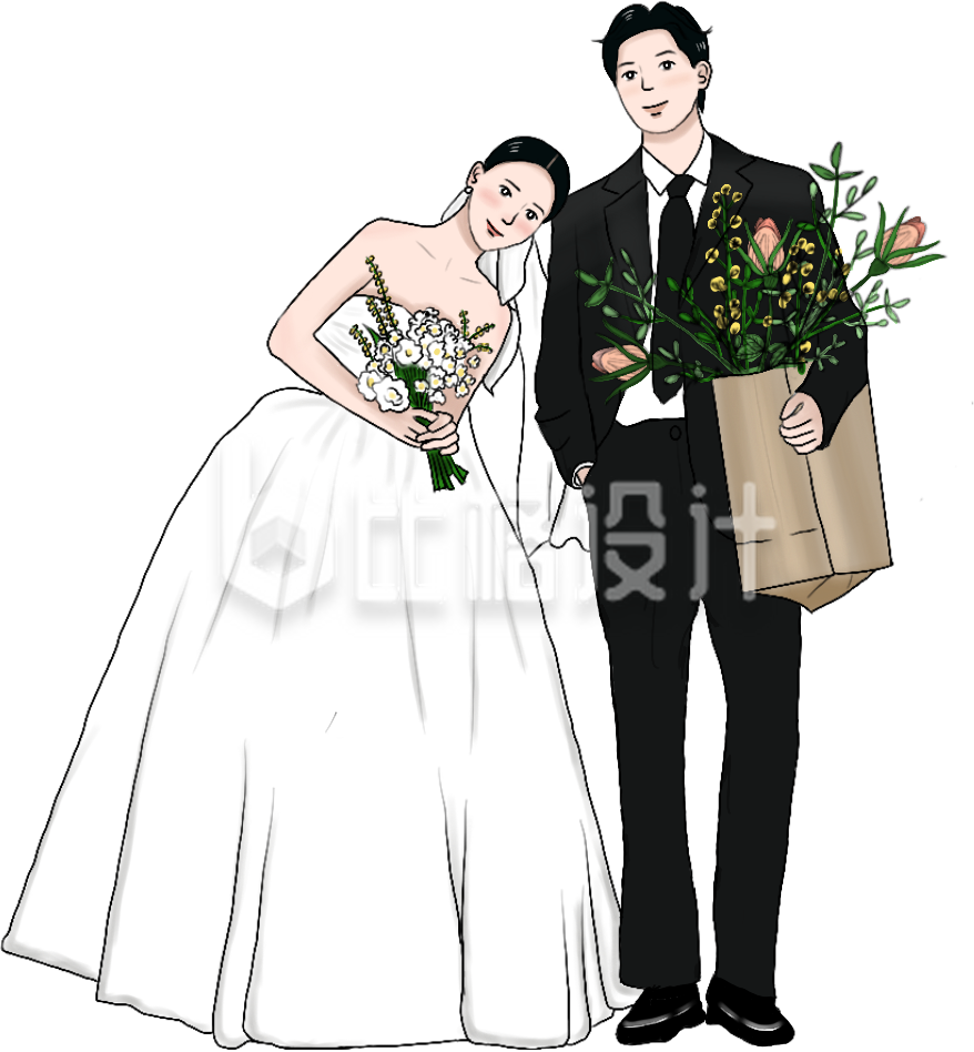 穿着婚纱西装的新人形象婚礼宣传插画 穿着婚纱西装的新人形象婚礼宣传插画