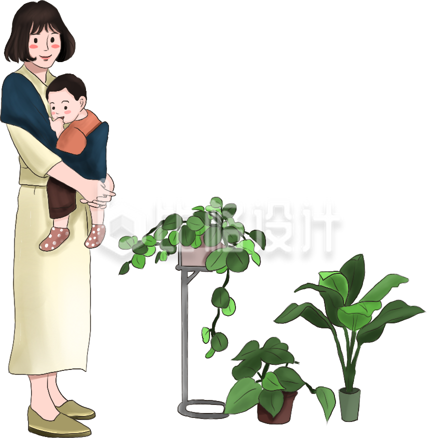 母亲节亲子婴儿宝宝植物盆栽手绘插画