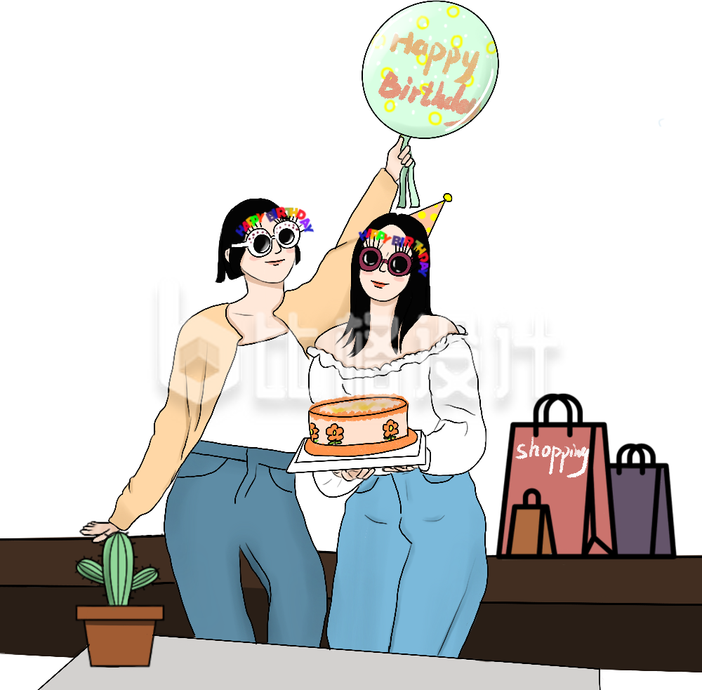 美少女姐妹生日手绘插画人物