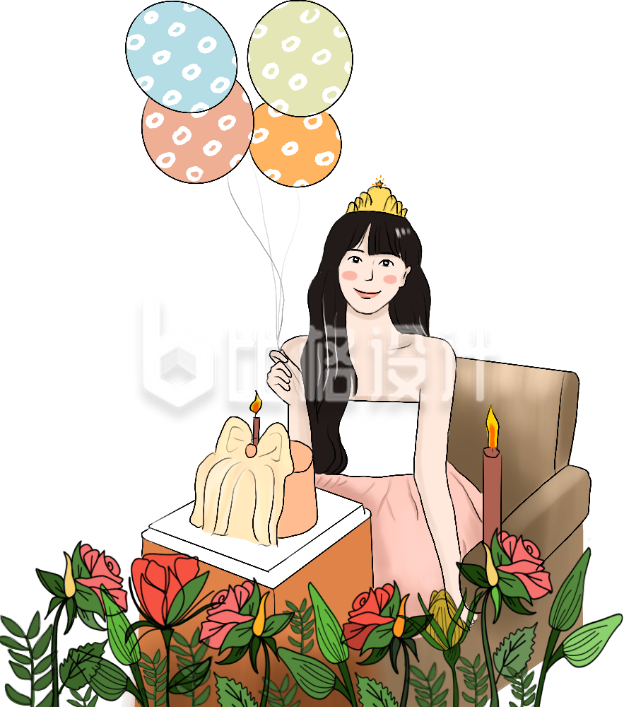 生日美少女植物小花祝福手绘插画
