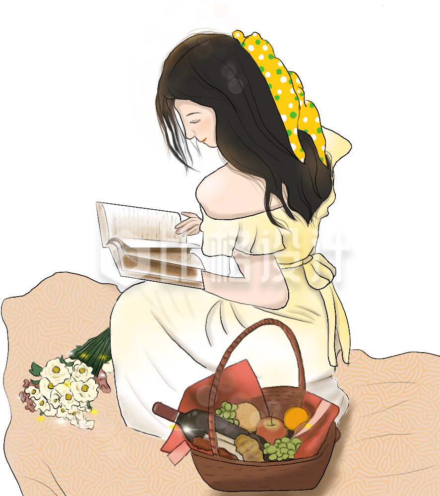 美少女水果野炊手绘插画