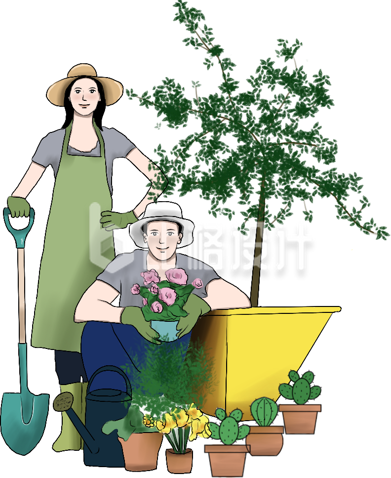 植物盆栽人物手绘插画