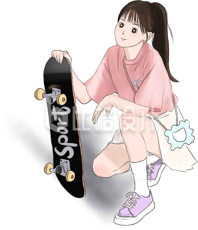 滑板手绘美少女可爱插画