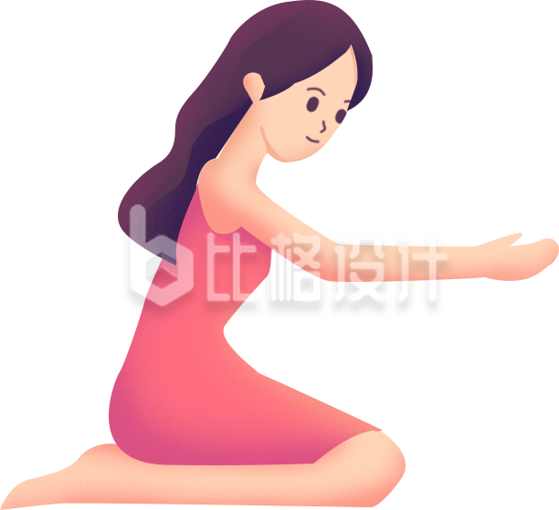 粉色连衣裙女子优雅跪地姿势插画