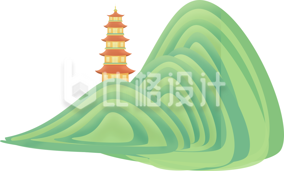 山峰亭子手绘风景