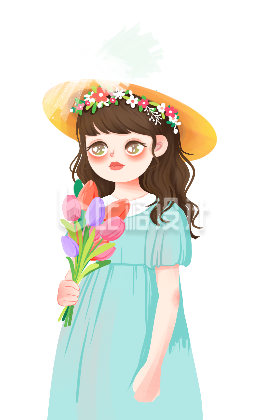 美少女小花植物手绘