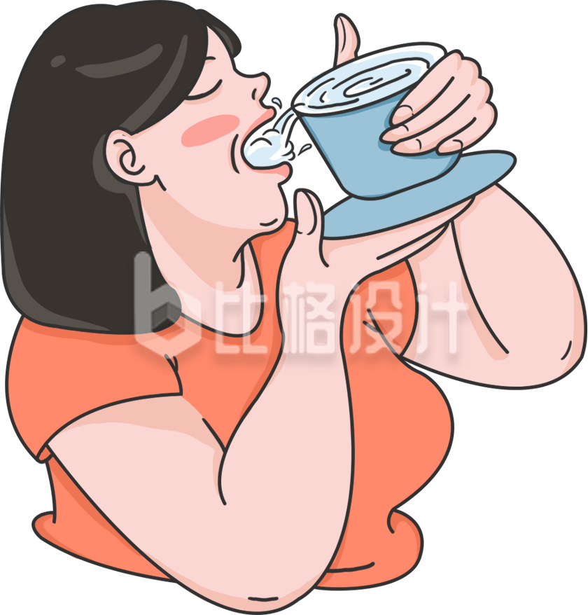 胖女孩喝水趣味手绘