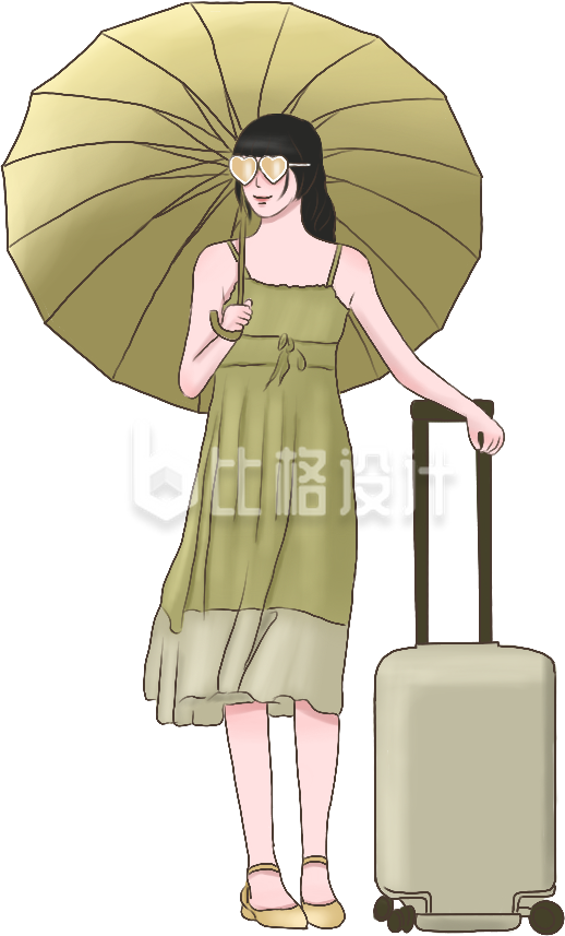 夏季清凉度假绿色长裙人物手绘