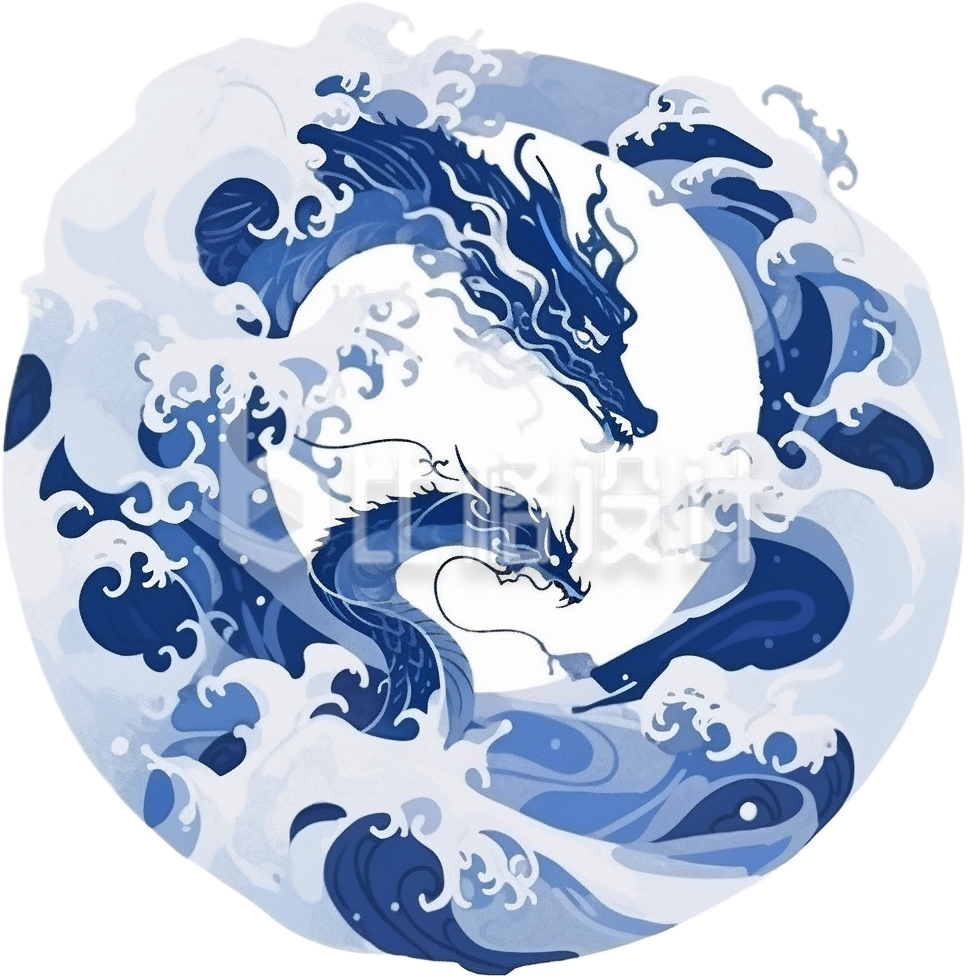 蓝色传统龙年新年手绘龙