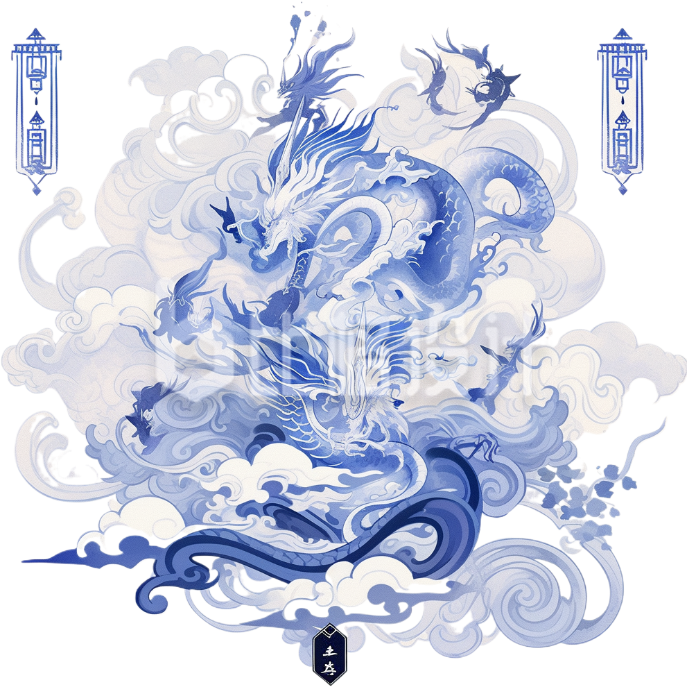 蓝色传统龙年新年手绘龙