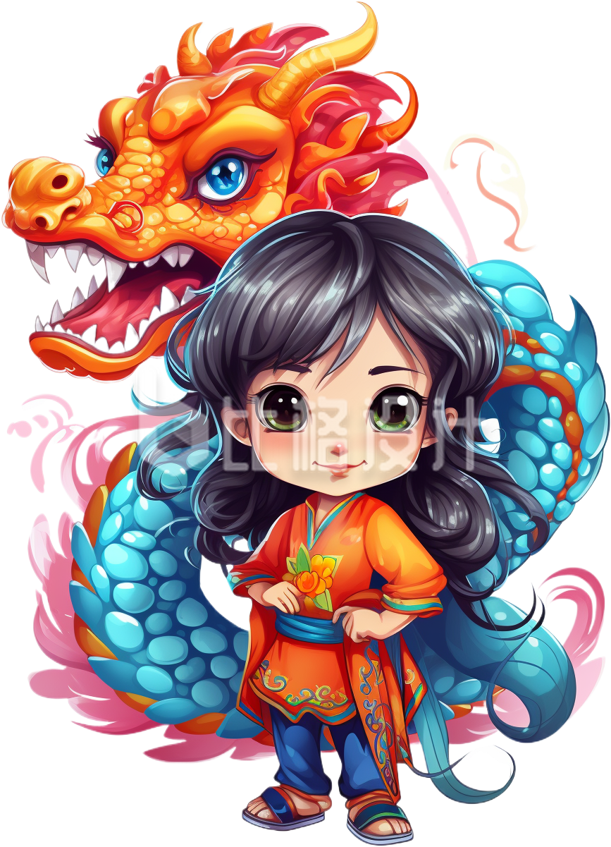 蓝色手绘春节龙年龙头节女孩手绘