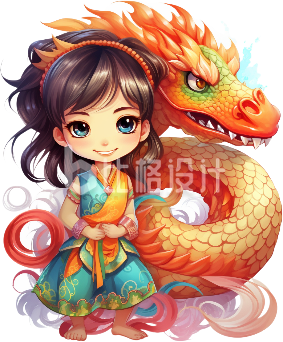 黄色手绘春节龙年龙头节女孩手绘