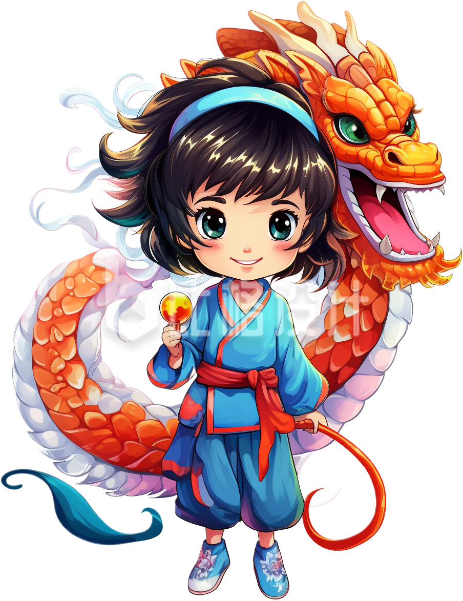 蓝色手绘春节龙年龙头节女孩手绘