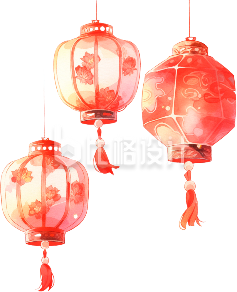 红色水彩风节日庆祝装饰灯笼手绘
