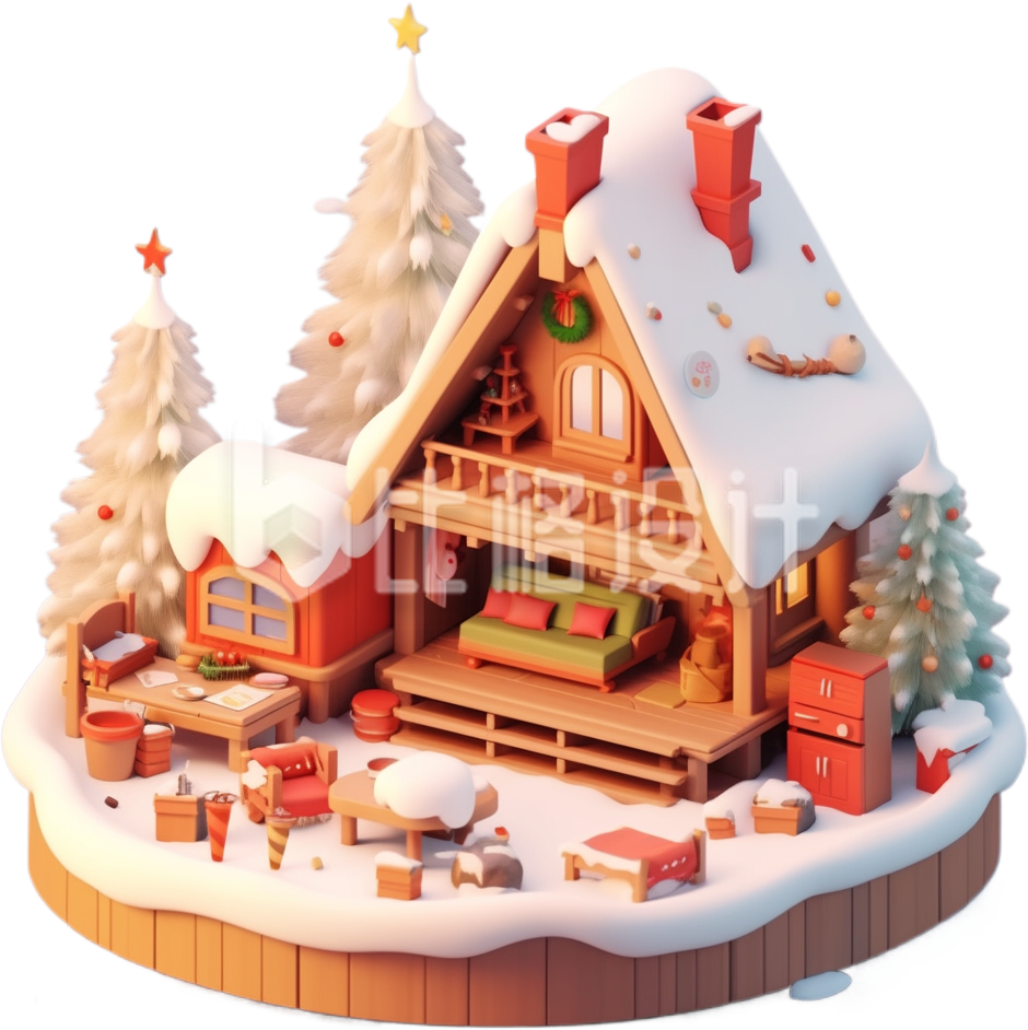 白色3D立体冬季雪景圣诞小屋