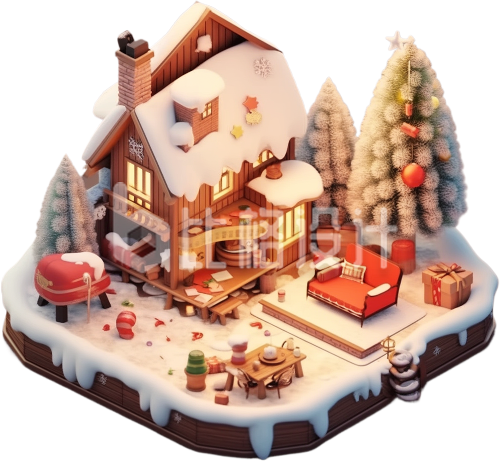 白色3D立体冬季雪景圣诞小屋