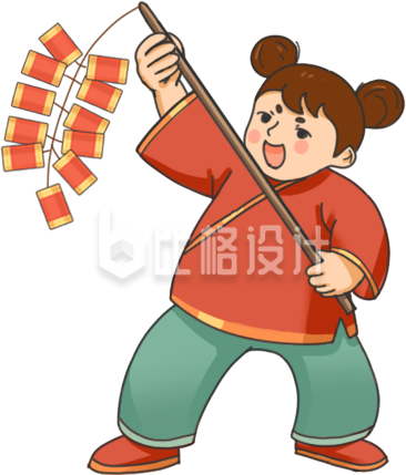 红色喜庆可爱女孩鞭炮春节爆竹插画