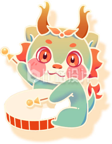 绿色生肖龙可爱击鼓插画新年庆祝