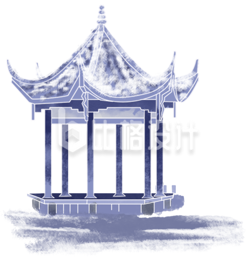 蓝色古风建筑亭子插画