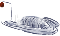 蓝色船只水墨古风插画