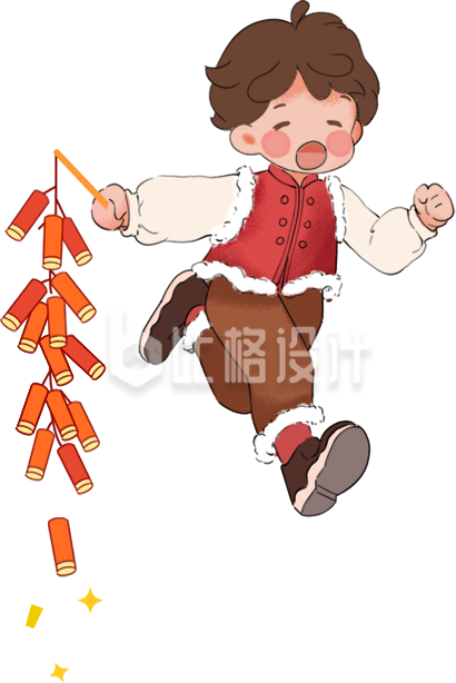 红色人物男孩鞭炮插画春节