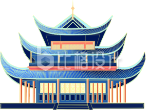 蓝色传统建筑古风手绘