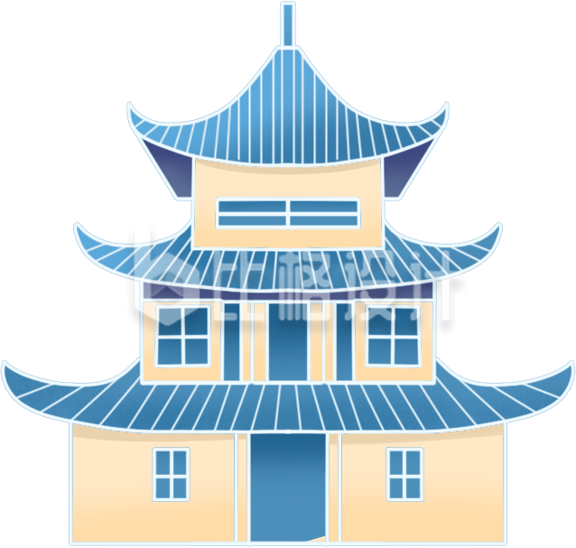 蓝色传统建筑古风手绘