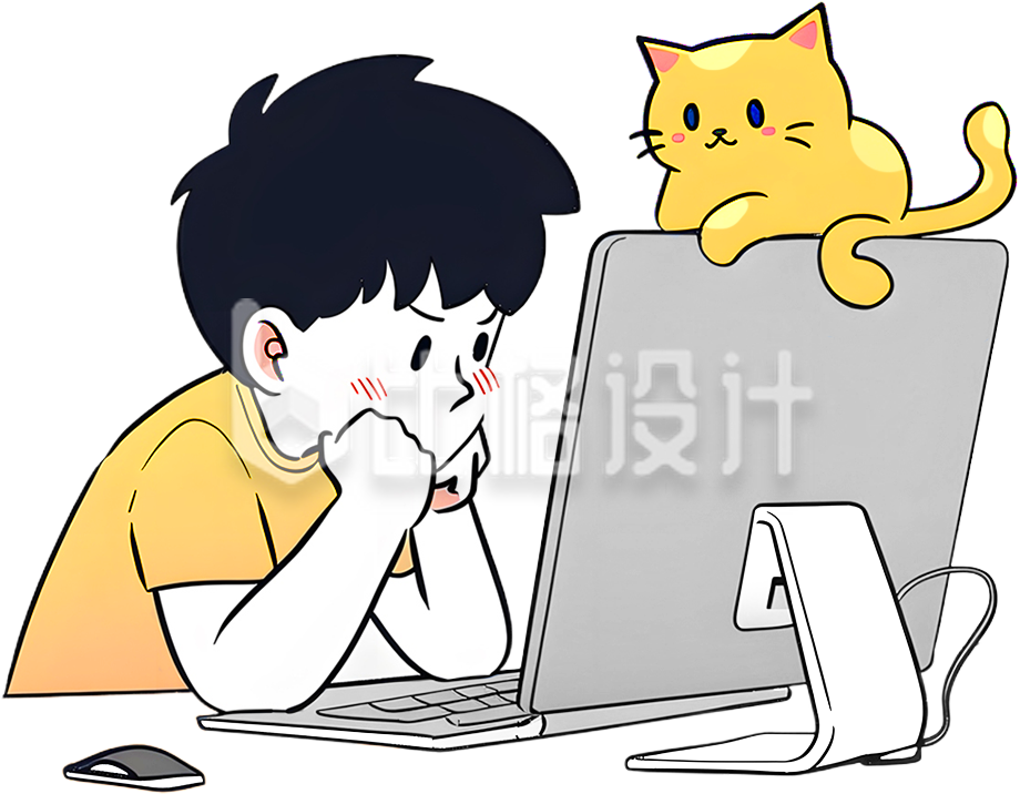 小男孩看着电脑发呆