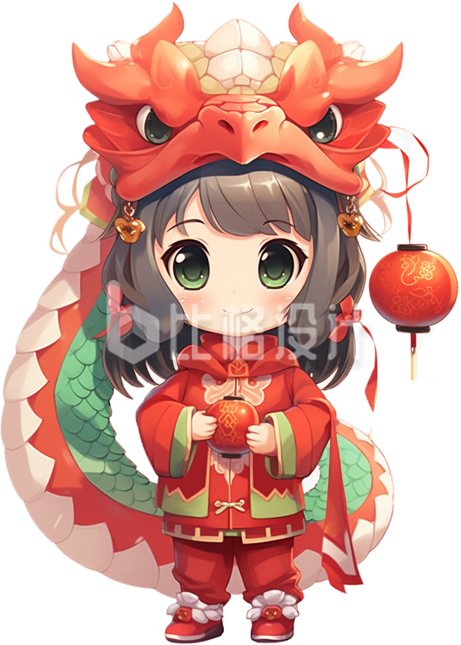 小女孩拜年祝福喜庆龙年手绘