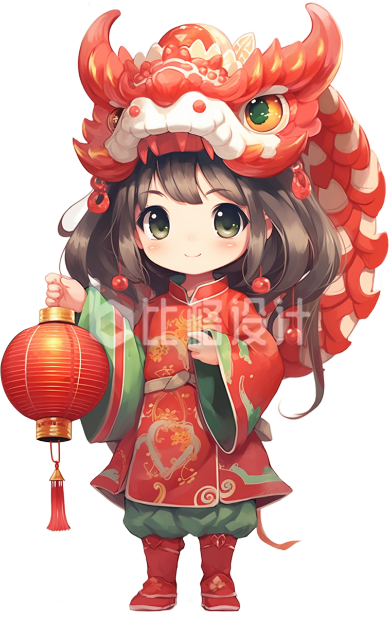 小女孩拜年祝福喜庆龙年手绘