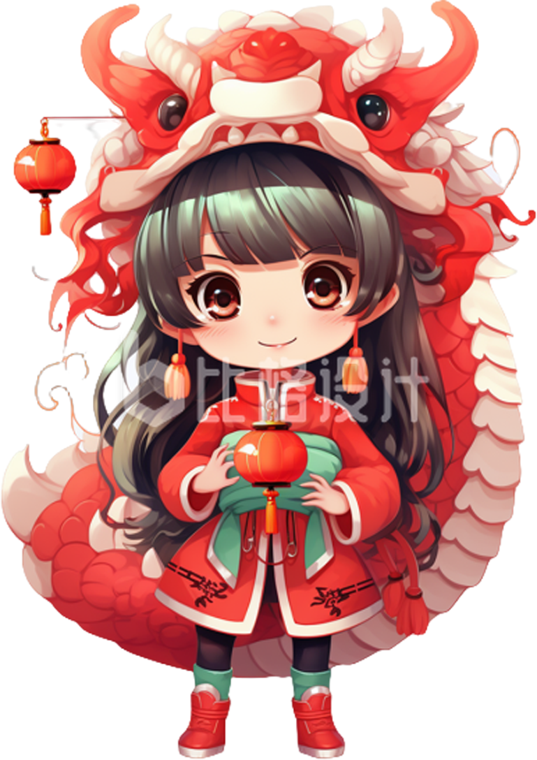 小女孩拜年祝福喜庆龙年手绘