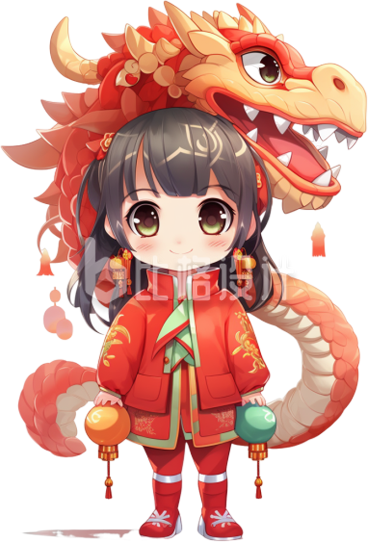 小女孩拜年祝福喜庆龙年手绘