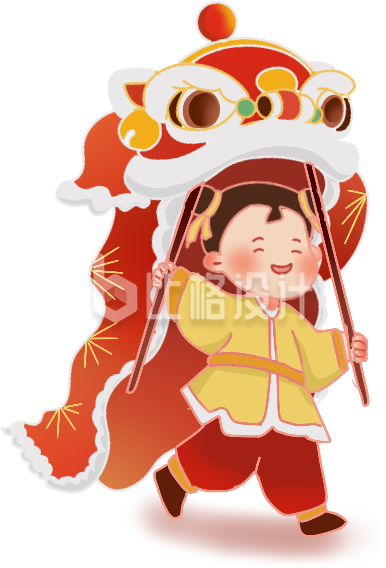 红色喜庆可爱小女孩舞狮插画