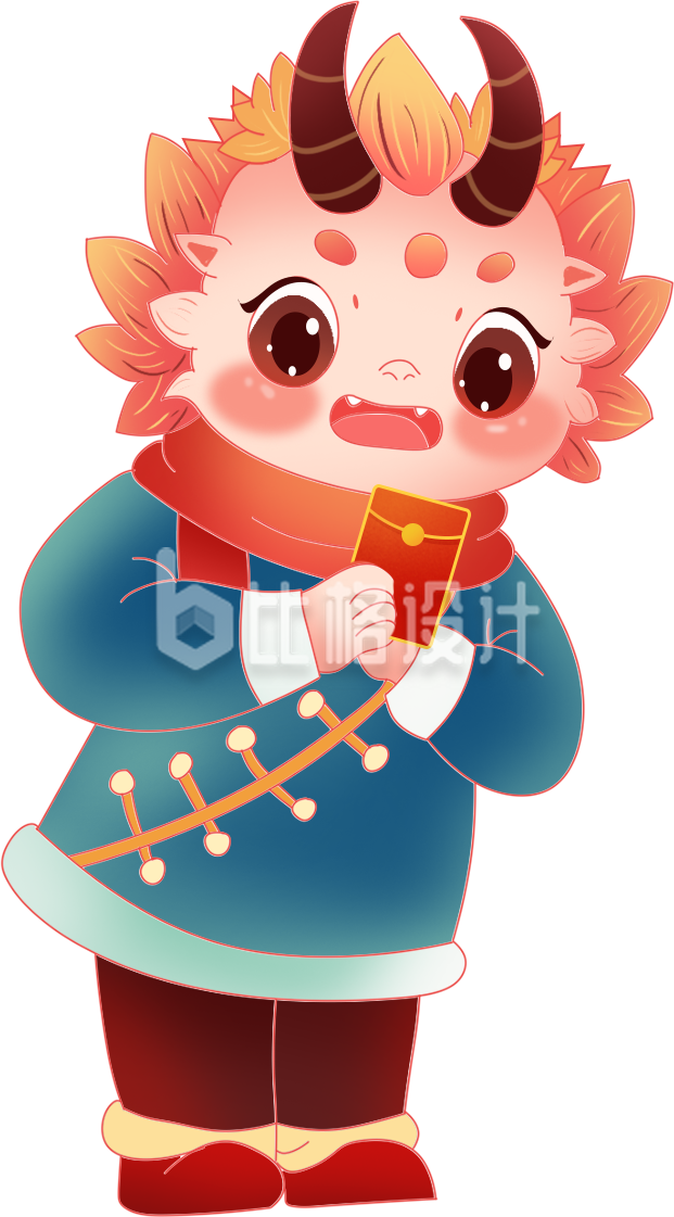 蓝色手绘可爱小龙人红包新年插画