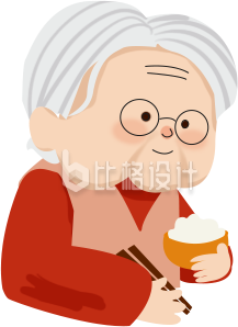 红色可爱老奶奶吃饭插画
