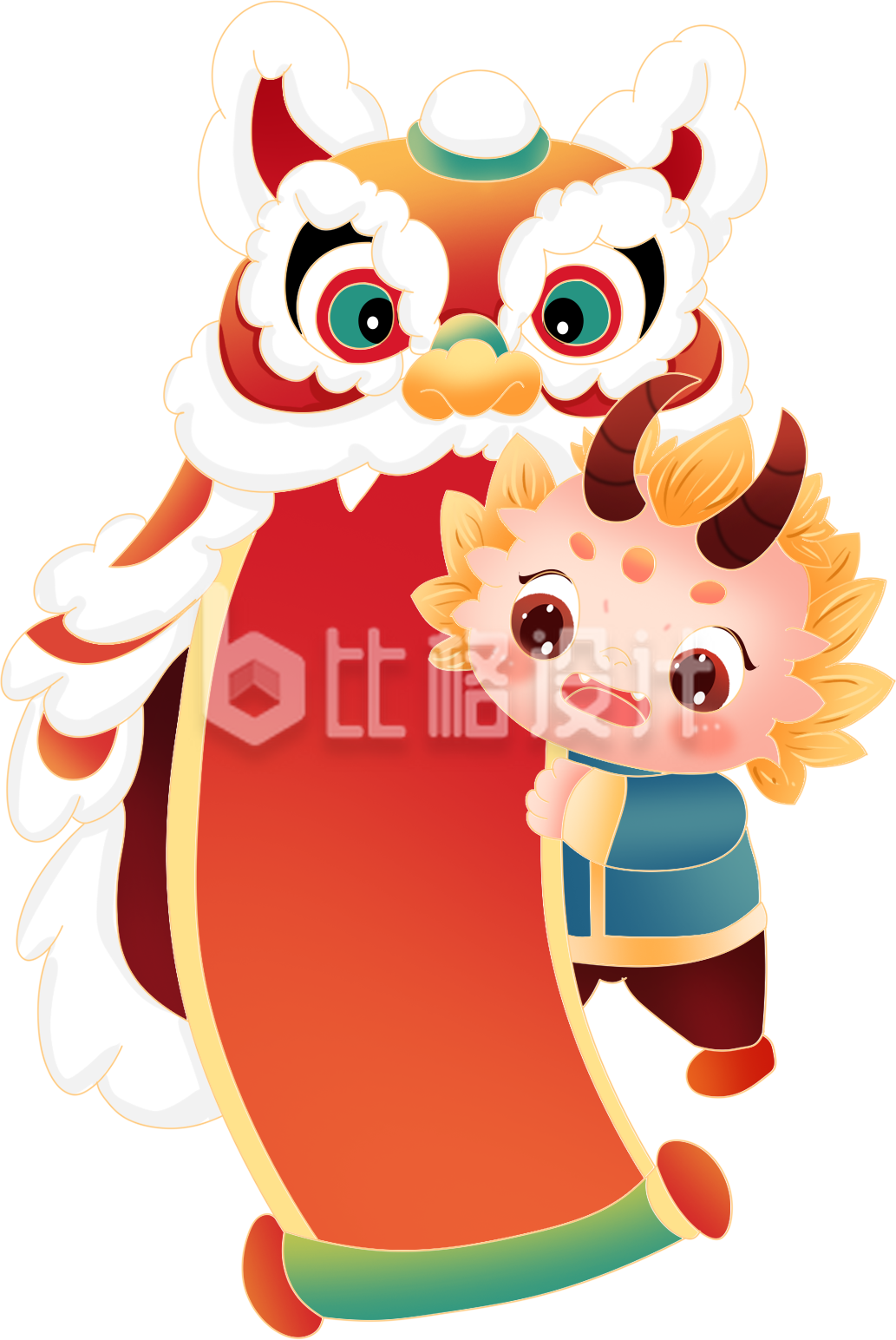 红色喜庆春节舞狮插画