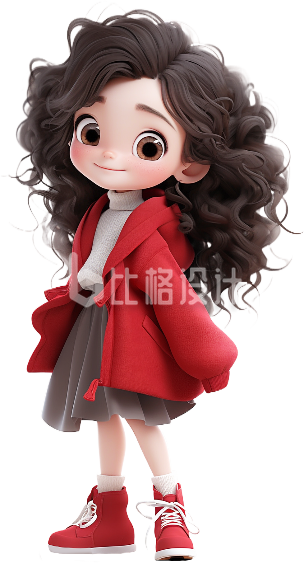 小女孩红色外套卷头发3D手绘 小女孩红色外套卷头发3D手绘