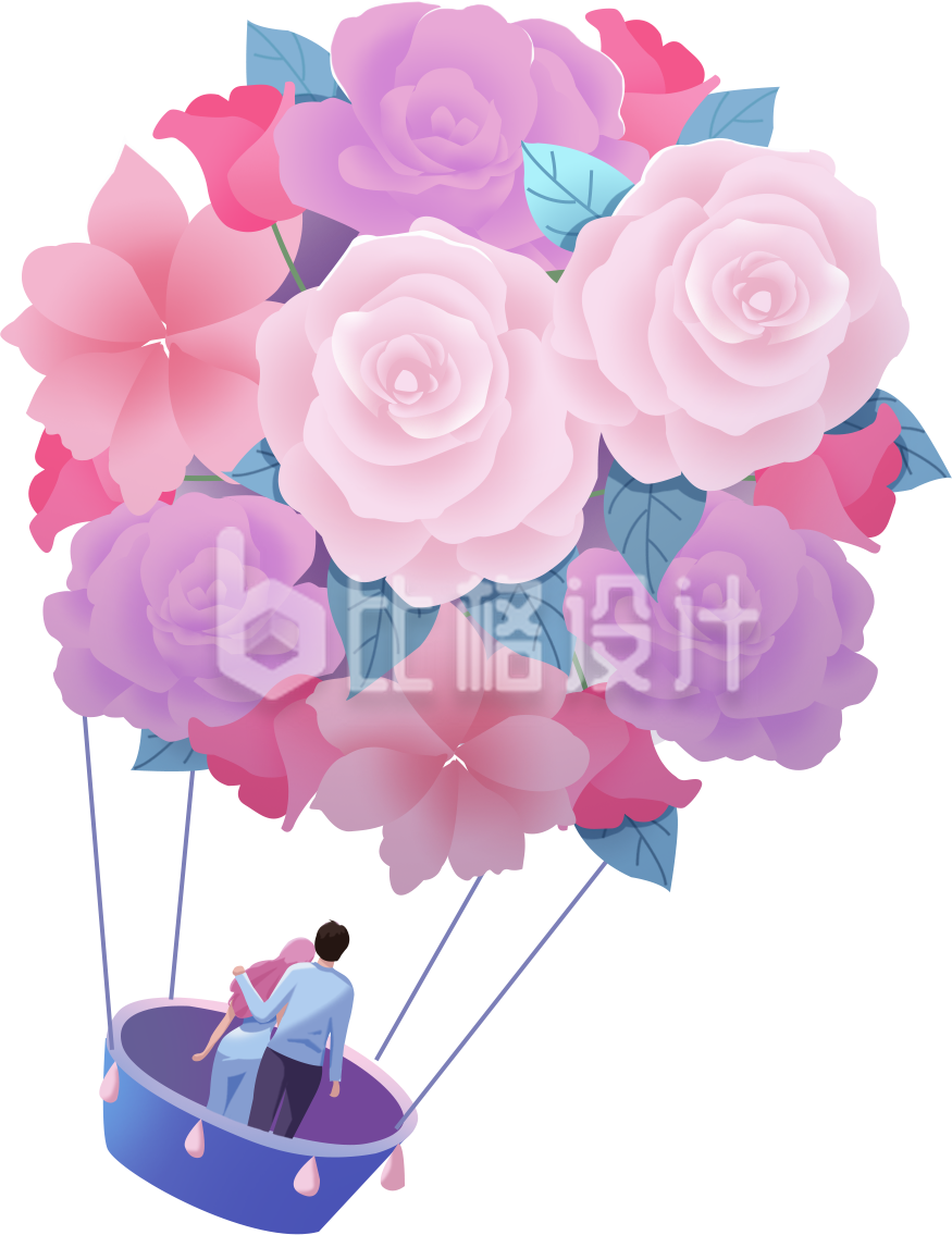 紫色手绘风鲜花热气球插画浪漫爱情情人节