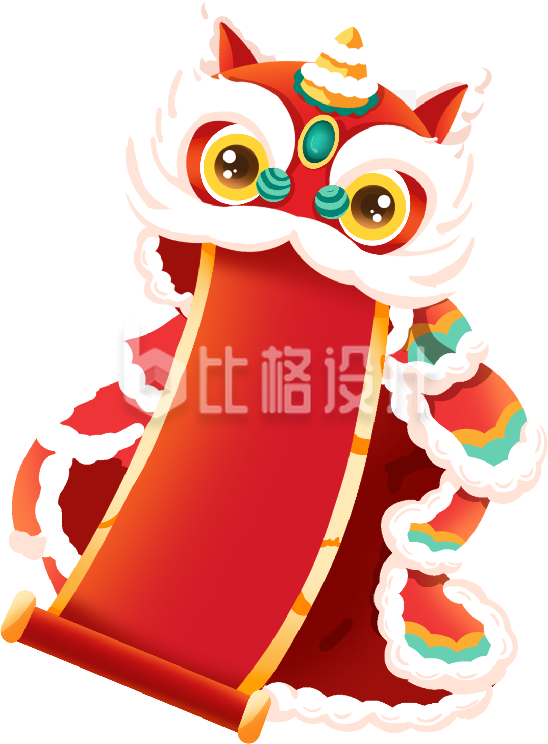 红色喜庆舞狮卷轴插画春节