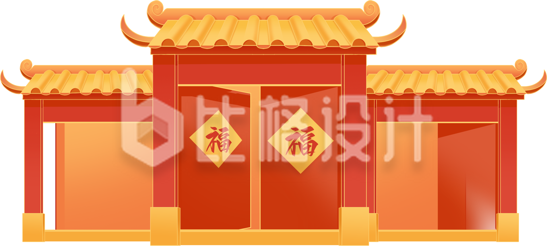 橙色手绘风建筑门新年