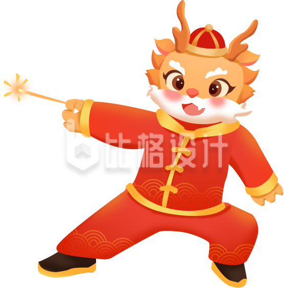 红色手绘风龙年小龙人放鞭炮插画