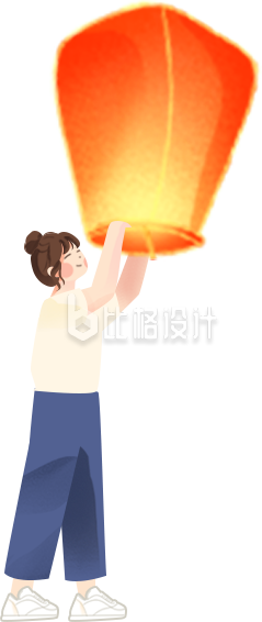 橙色手绘风女生插画孔明灯