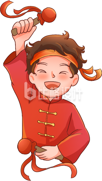 红色手绘风插画男生击鼓传统习俗