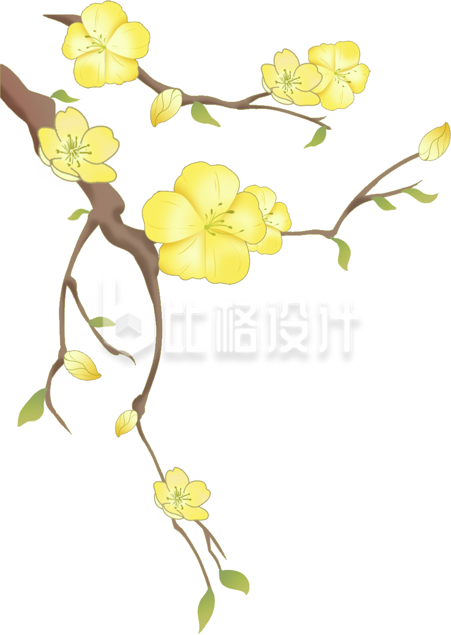 黄色手绘风树枝小花春天