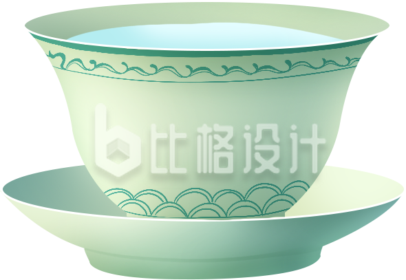 绿色手绘风插画盖碗茶