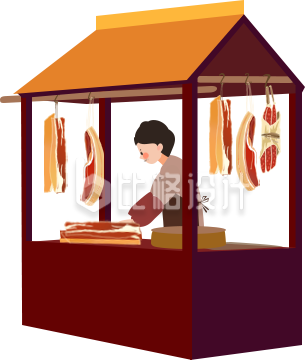 黄色手绘风猪肉集市插画