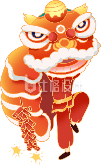 橙色手绘风正月习俗舞狮插画 橙色手绘风正月习俗舞狮插画