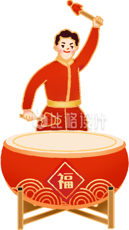 红色手绘风新年击鼓插画