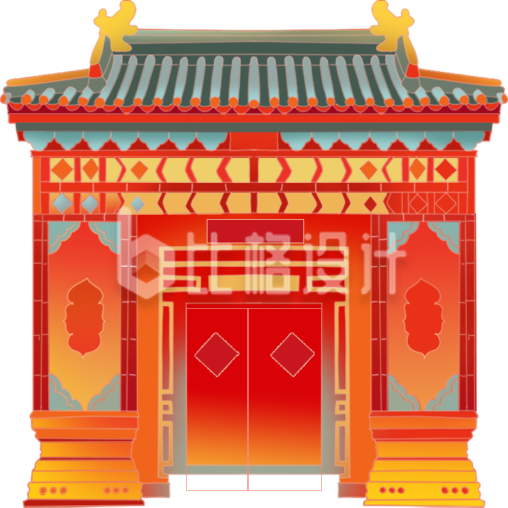 橙色手绘风建筑门新年