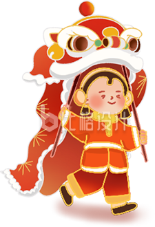 红色手绘风插画舞狮男孩